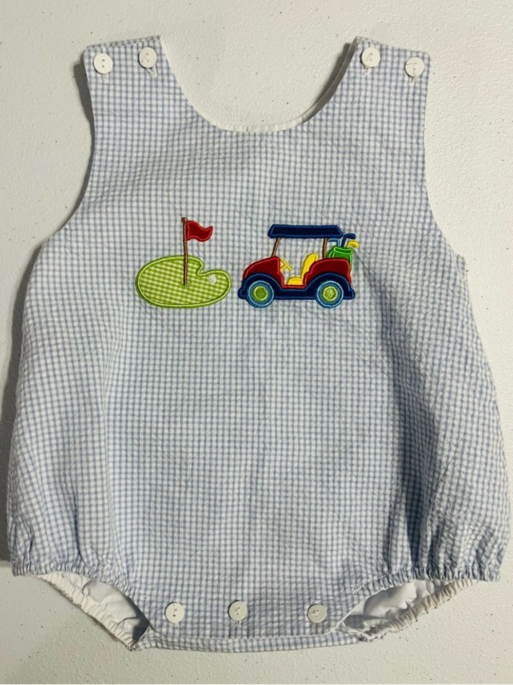 Light Blue Gingham Baby Romper with Golf Cart Applique